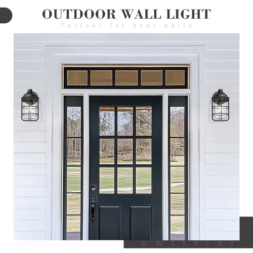 Image of Emliviar 2-Pack Outdoor Exterior Wall Light Fixtures for Porch, 11.3 Inch Black Wall Mount Lantern with E26 Bulb Base, Clear Tempered Glass, GE255BL-2PK BK