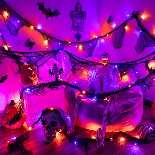 FFZZKJ Halloween Lights String Garland Creepy Black Cloth Timer 8 Modes Battery Operated/USB Powered Indoor Outdoor 9.9FT 30LED Black Gauze Hanging Halloween Decorations Orange&Purple