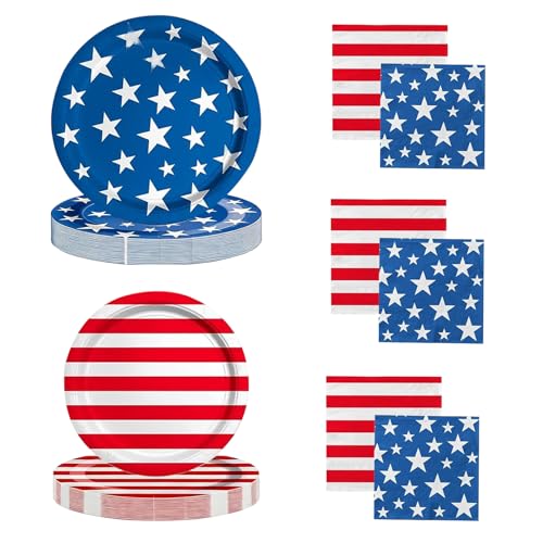 JESRYTOUR 4th of July Party Supplies Set 100PCS American Flag Disposable Paper Plates & Napkins Patriotic Party Supplies for Veterans Day Election Day Independence Day Party Decorations Serve 25