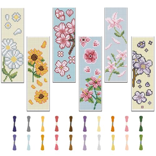 Image of FREEBLOSS 6 Set Bookmark Cross Stitch Kits Stitch Bookmark Cross Stitch Kits with Instructions Bouquet Pattern Embroidery Kit for Beginners Bookmark Making Kit for Gifts