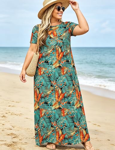 Image of Kancystore Women's Plus Size Maxi Dress with Pockets Summer Dresses XL-5X | Plus Size High Waisted Long Length Beach Dress, Empire Waist Round Neck Casual Dress, Solid Striped Floral Tie Dye Colors