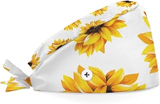 Bouffant Scrub Caps Printed Working Surgical Cap Sunflower Pattern Nurse Hats with Buttons and Sweatband Adjustable Tie Back Hat for Women Men Multi Color