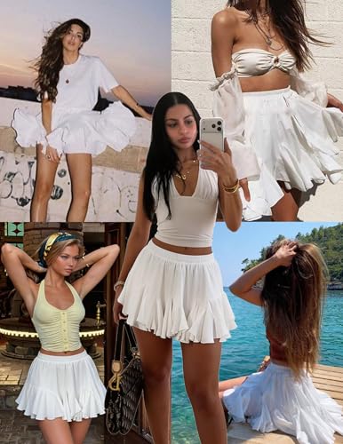Image of Avidlove Women's Pleated Skirt Boho Ruffle Flowy Mini Skirts High Waisted Flared Skater Skirt Basic Outfits