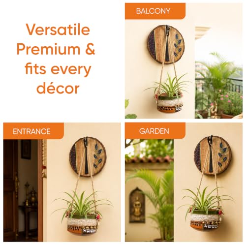 Image of AAKRITI ART CREATIONS Wall Hanging Planter with Hook | Jute Embellished Earthen Planter on Round Hook, Floral Art, Matte Finish | Wooden Decorative Hanging Pot for Indoor & Outdoor Home Decor
