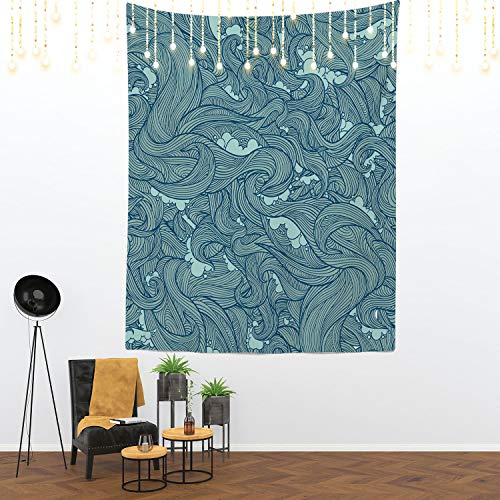 Shrahala Japanese Illustration Wall Tapestry, Blue Ocean Plain Paisley Navajo Teal Wall Hanging Large Tapestry Decoration Polyester Fiber White Hem Around thumb #1
