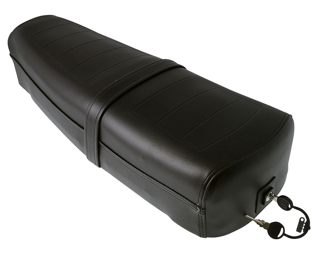 Selle noire avec serrure et sangle, compatible avec la Vespa PK50-125/S/ETS | Coussin fissuré; compatible avec VESPA PK 50 S/Lusso/SS 82-88 et compatible avec VESPA PK 50 S/SS Automatique/Elestart 84-86.
