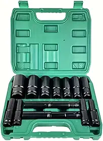 FINYQBET Jogo Soquete Longo Sextavado Impacto 1/2” 8 a 32mm 15 Peças - Aço de alto carbono para Carros, Motos e DIY, soquetes profundos, 6 pontos, Inclui Caixa