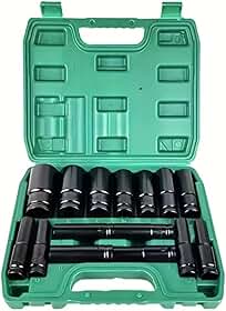 FINYQBET Jogo Soquete Longo Sextavado Impacto 1/2” 8 a 32mm 15 Peças - Aço de alto carbono para Carros, Motos e DIY, soquetes profundos, 6 pontos, Inclui Caixa
