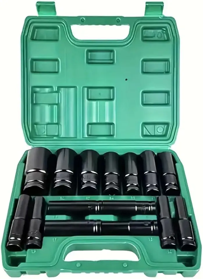 FINYQBET Jogo Soquete Longo Sextavado Impacto 1/2” 8 a 32mm 15 Peças - Aço de alto carbono para Carros, Motos e DIY, soquetes profundos, 6 pontos, Inclui Caixa