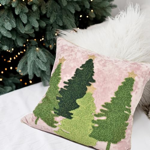LOOPUINHOM Christmas Tree Pillow Covers 18x18, Embroidered Velvet Christmas Throw Pillow Covers Christmas Decorations Holiday Pillows for Home Couch,Pink Blush/Green by LOOPUINHOM - Image 2