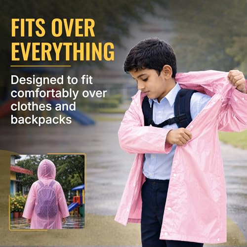 Image of Robustt Kids Eva Raincoat for Boys & Girls (8-16 Years) with Full Sleeves with Elastic Cuff | Unisex Hooded Kids Rain Coat with Drawstring | Reusable Raincoat with Snap Button Closure | Knee Length