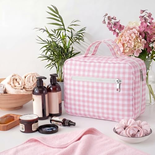 Image of Hanging Toiletry Bag for Women,Gingham,Pink