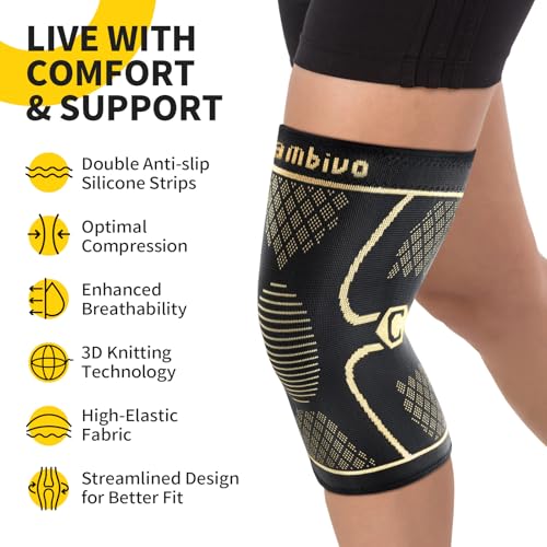 Image of CAMBIVO 2 Pack Copper Knee Braces for Knee Pain, Knee Compression Sleeve for Men and Women, Knee Support for Meniscus Tear, Running, Weightlifting, Workout, ACL, Arthritis, Joint Pain Relief (Gold, Small)