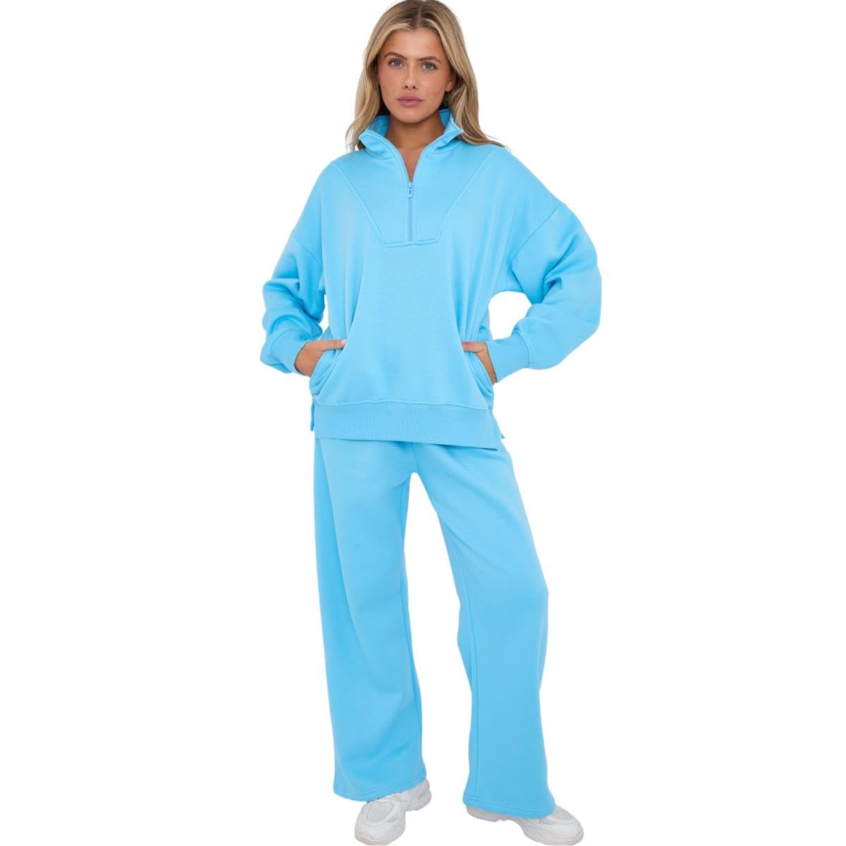 Set di tuta da donna, felpa da donna in pile con mezza zip e pantaloni da jogging da donna, a maniche lunghe, pantaloni a gamba larga, set da palestra da donna, set da palestra in pile