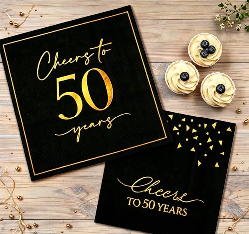 50 Pack Cheers to 50 Years Cocktail Napkins - Black and Gold 50th Birthday Party Napkins, 5x5 Inch 2 Designs Beverage Napkins for Anniversary & Milestone Celebrations