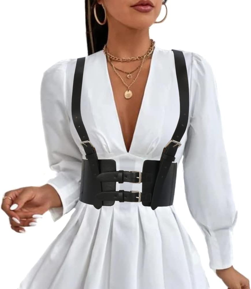 Punk Cinturón de Arnés de Cintura Cuerpo de Cuero Cadena de Pecho Chaleco Gótico Negro Cinturón Joyería Corporal Ajustable para Mujer Niñas Fiesta de Cosplay Rave Disfraz de Halloween (Negro 2)