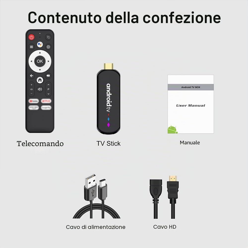 Android 14.0 TV Stick Android TV OS 4K Ultra HD,TV Stick Amlogic S905L3 Quad-Core 16GB WiFi6 2.4G/5.8Ghz BT5.0 4K AV1 Ultra HDR10+ BT5.0 Controllo vocale Smart Home Player
