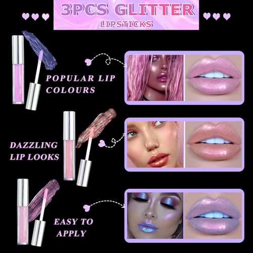 Lishang 3 Colores Brillo de Labios Metálico Brillar Pintalabios Permanente Líquido labiales Gloss Voluminizador Labios Larga Duracion Tinte Labial Kit Maquillaje Mujeres Regalo San Valentín Cumpleaño - imagen 3