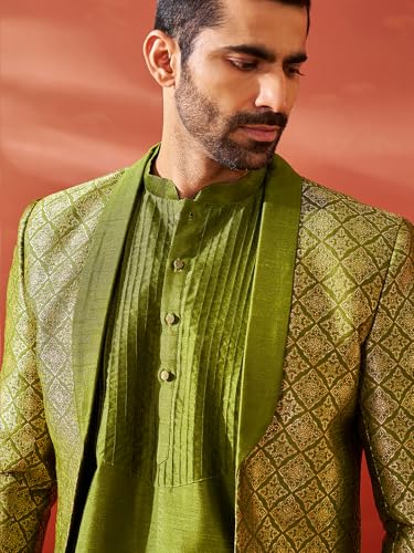 Image of VASTRAMAY mens VASTRAMAY Men's Green Silk Blend Sherwani.