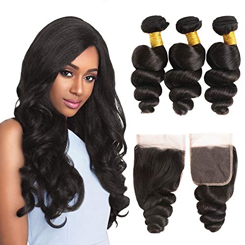 Huarisi Brazilian Hair Loose Wave 3 Bundles with Closure 12 14 16 +10 Inches Human Hair Weaves Free Part Lace Closure with Baby Hair 100% Virgin Hair Natural Color