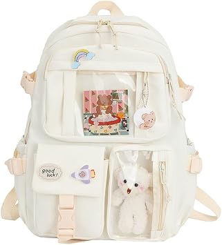 Backpack with Kawaii Pin and Accessories, Large Capacity Cute Bear Accessories Backpack for School Multi Pocket Handbag Japanese School Bag for Teen Girls