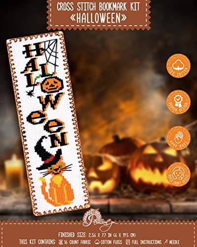 Image of Povitrulya Halloween Cross Stitch Bookmark Kit 'Red Cat in Witch Hat'