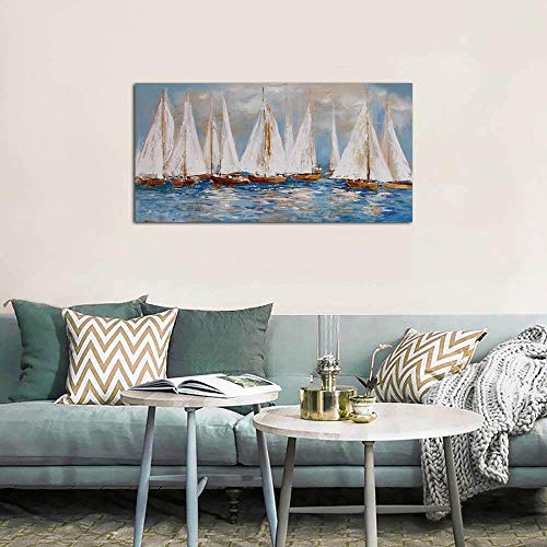 Pogusmavi Large White Sailboats Canvas Painting Wall Art Decor For Living Room Office Abstract Seascape Picture Artwork Home Bedroom Wall Decoration #TOP7