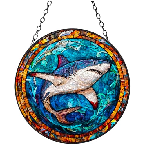 Stained Glass Suncatcher Sea Shark Jumping Handmade Window Hangings Colored