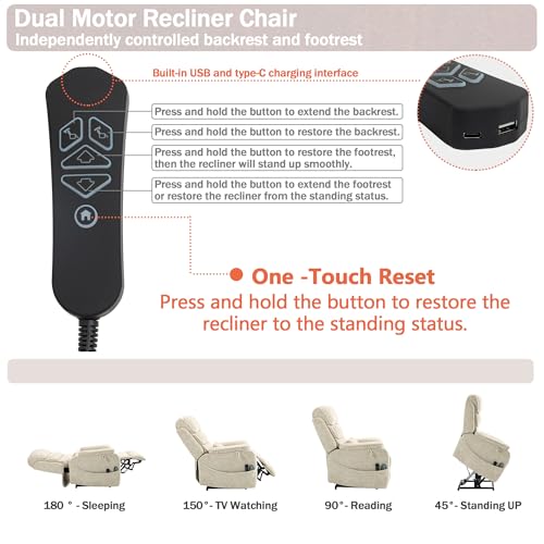 Power Lift Recliner Chair for Adults Elderly Lay Flat Velvet Recliners with Massage Heating, Extended Footrest, Wireless Charging Device, USB Ports, Cup Holder, Lumbar Pillow