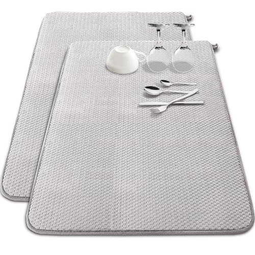 2 Pack Extra Large Microfiber Dish Drying Mat,30 x 24 Inch Super Absorbent Drying Pad,Large Size Dish Drying Mat for Countertops,Sinks,Draining Racks,Gray