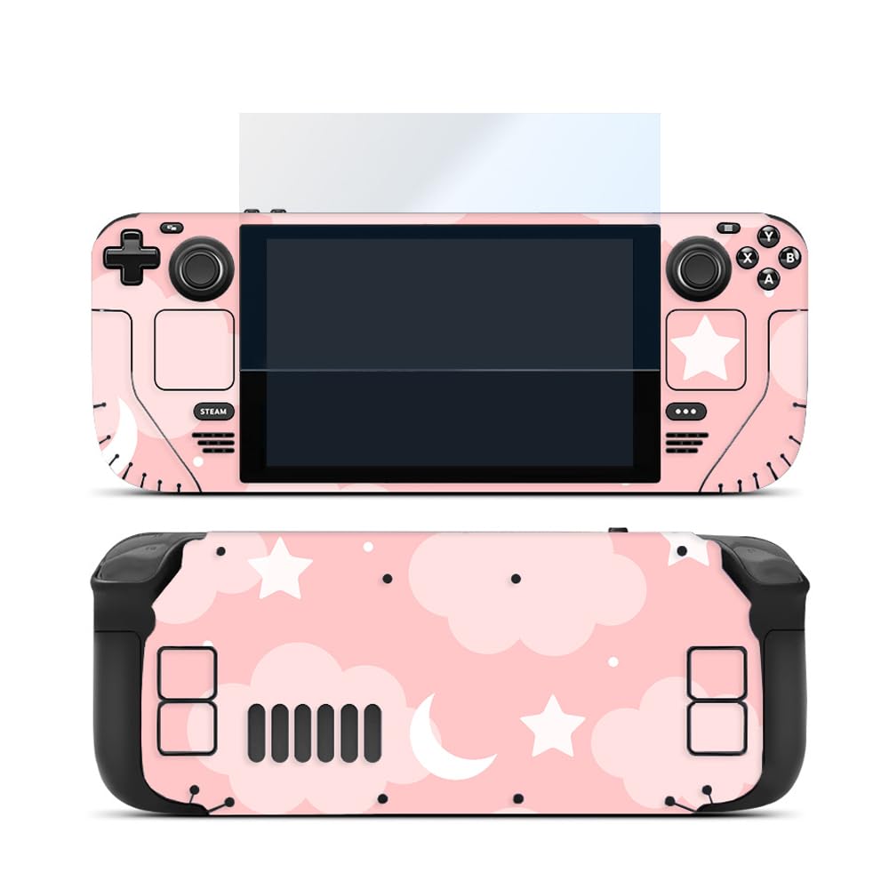 Skin Stickers Set for Steam Deck, Decal Cover for Steam Deck Handheld Gaming PC, Protective Full Sticker Cover Accessories, 1 pcs HD Glass Screen Protector for Steam Deck Included (Pink Moon Star)