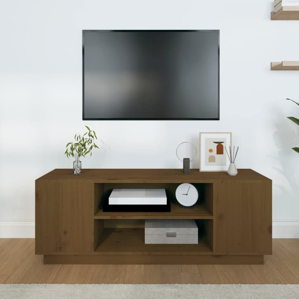 Szafka pod telewizor miodowo-brązowa, lite drewno sosnowe, 110 x 35 x 40,5 cm, z dużą ilością miejsca do przechowywania i stabilną górną płytą do telewizora i dekoracji
