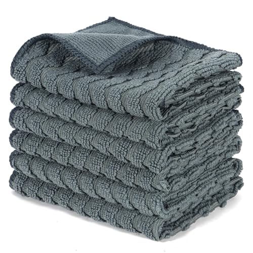Image of Dual-Sided Microfiber Cloths, 12x12 Lint-Free 6-Pack | Zig-zag side traps grease, soft side polishes. Streak & lint-free for home /auto. Stain-hiding grey, washable 12x12 6-pack.