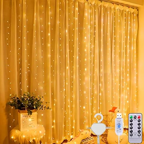 Amzeeniu Cortina de Luces, 3x 3m 300 LED con Mando a Distancia y 8 Modos de Luz Cover