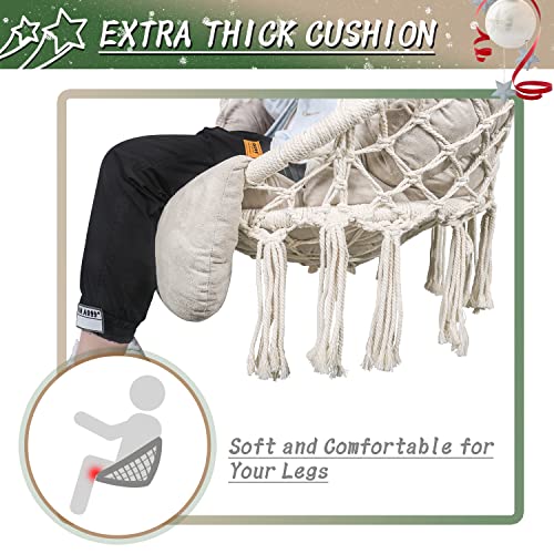 Hammock Chair with Cushion, Handmade Macrame Swing Chair with Hanging Hardware Kits, Bohemian Style Cotton Rope Hanging Chair for Bedroom Indoor Outdoor, Beige - view 2