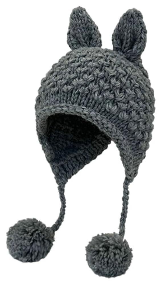 Bonnet à oreilles de lapin en crochet gris style Y2K chaud pour femme