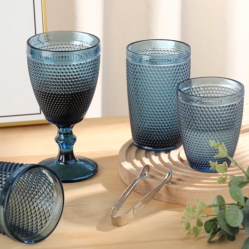 Joeyan Blue Drinking Glasses,Embossed Hobnail Beaded Water Tumbler Glasses,Colored Bubble Glass Cups,Glassware Set for Cocktail Soda Juice Beverage,10 oz,Set of 6,Dishwasher Safe