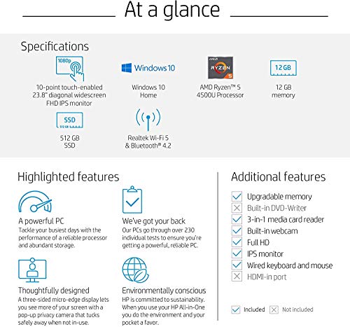 Upgrade HP 24-inch All-in-One Touchscreen Desktop Computer, AMD Ryzen 5 4500U Processor, 12 GB RAM, 512 GB SSD, Windows 10 Home (24-dp0160, Silver) - Image 6