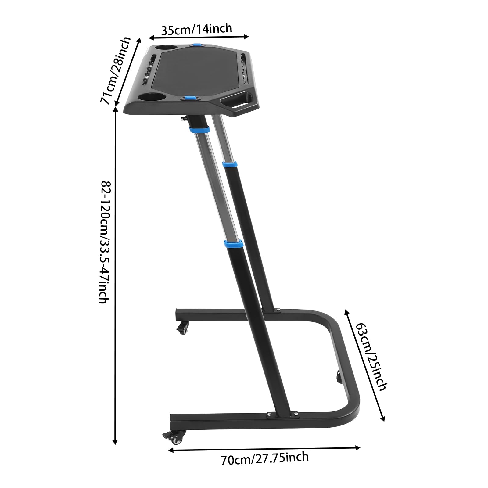 Fahrrad Trainingstisch Höhenverstellbar Rollentrainer Schreibtisch mit Feststellbaren Rollen, rutschfeste Arbeitsfläche, Tablet/Smartphone Halterung & 2 Getränkehalter, für Indoor Cycling Heimtrainer