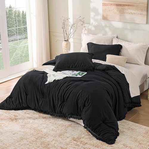 Image of Andency Black Comforter Set Full Size, 3 Pieces Boho Tassel Lightweight Bedding Comforter Sets, All Season Soft Fluffy Fringe Bed Set (79x90In Comforter & 2 Pillowcases)