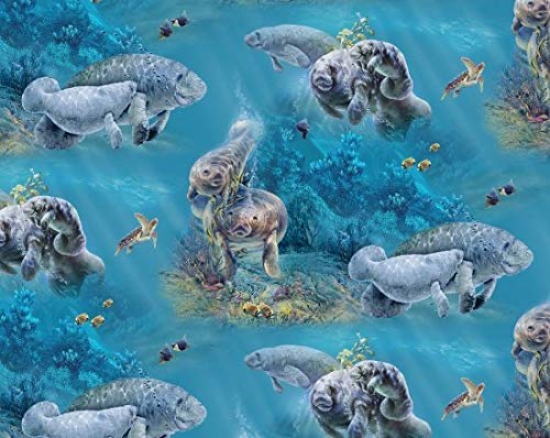 Elizabeth's Studio Gental Giants Manatee Aqua 20000 Fabric by The Yard