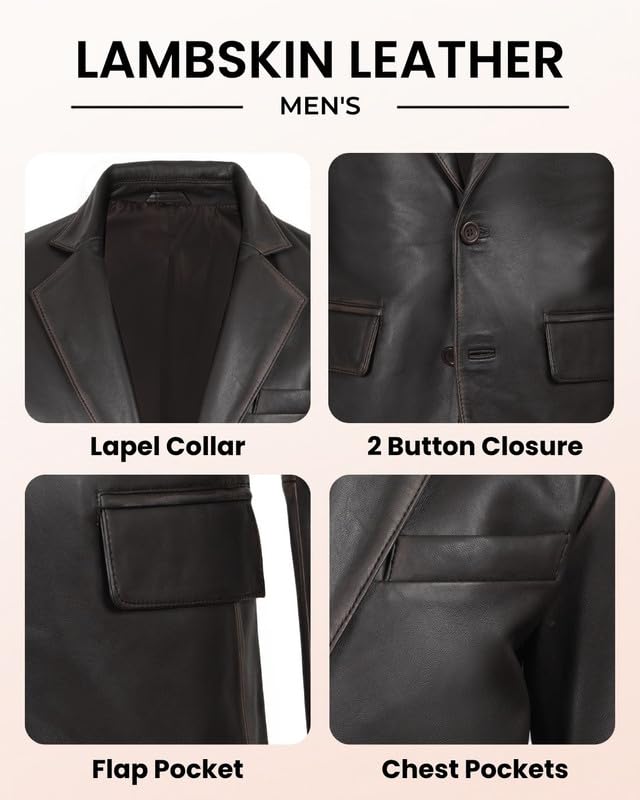 Image of Blingsoul Mens Leather Blazer Jacket - Real Lambskin Sport Coat with Notch Lapel Collar
