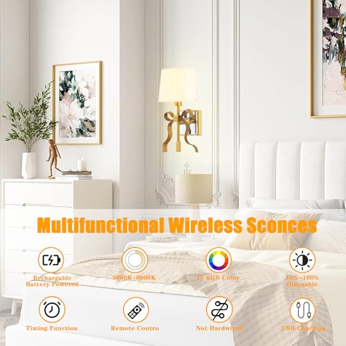 Image of Battery Operated Wall Sconces Set of 2, Gold Rechargeable Bow Wall Light with 5200mAh Dimmable Bulbs & Remote, 15 Colors Wireless Brass Wall Lamp for Bedroom Living Room Hallway Decor