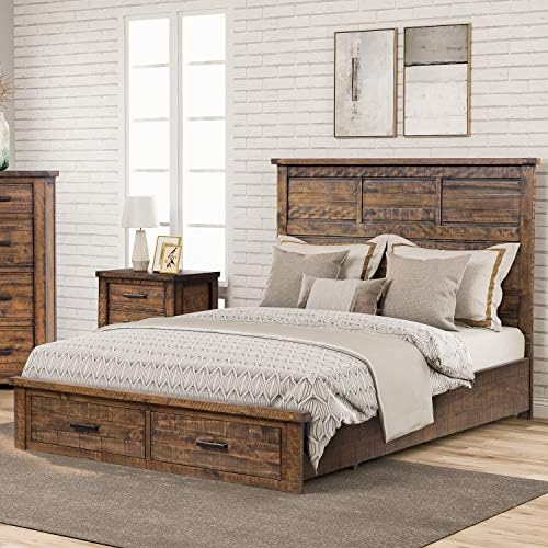 Knocbel Farmhouse Queen Bed Frame with Headboard and Storage Drawers, Reclaimed Solid Wood Platform Bed Mattress Foundation with 5 Slats Support, 600lbs Weight Capacity (Natural)