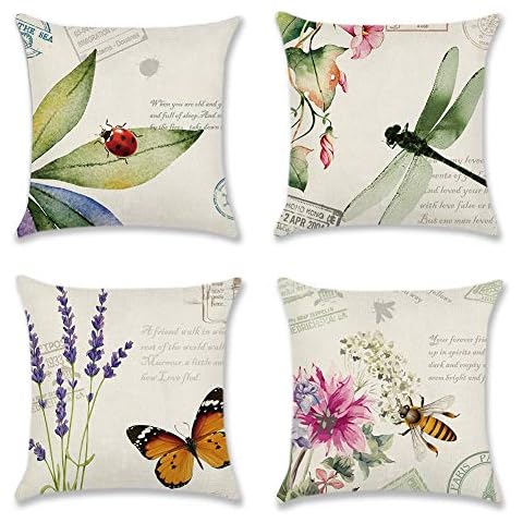 Artscope Funda de Cojín de Poliéster de Lino Suave 45x45cm, Set de 4 (Libélula/Mariposa) Cover