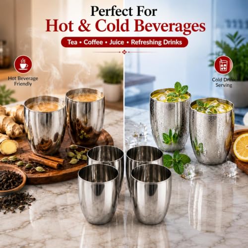 Image of Ajay's Shoppe Stainless Steel Water Glass | Unbreakable Heavy Gauge Steel Glass for Drinking and Serving Water, Cold Drink & Juice Kullad Shape Glass (4 Pcs)