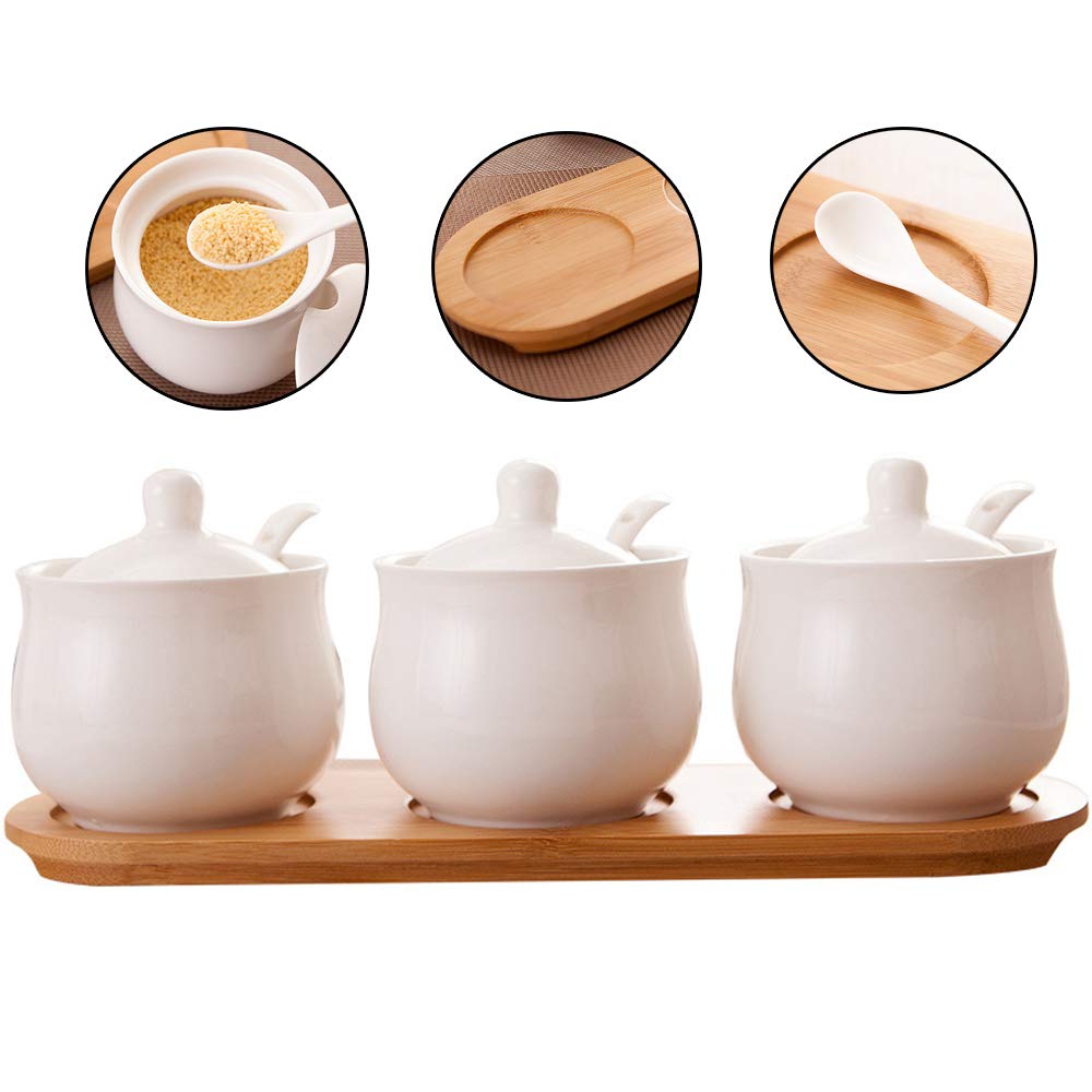 Ceramiczne słoiczki na przyprawy z łyżką do zupy, pokrywką i tacą Zastawa stołowa do kuchni Zestaw ceramicznych słoiczków na przyprawy do soli, esencji z kurczaka, słoicz