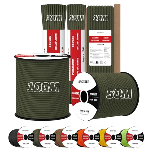 Brotree 4mm Paracord 550 7 Hebras Cuerda de Nylon 10M Tipo III Cuerda de Paracaídas para Supervivencia, Al Aire Libre, Bricolaje - 250kg Carga de Rotura (Ejercito Verde)