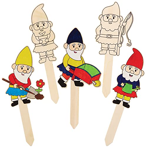 Baker Ross FX582 Estacas de madera de gnomos - Pack de 10, Kits de manualidades de madera para jardín