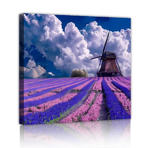 Peinture sur toile nordique lavande 65x65cm avec cadre intérieur pour décoration salon et cuisine